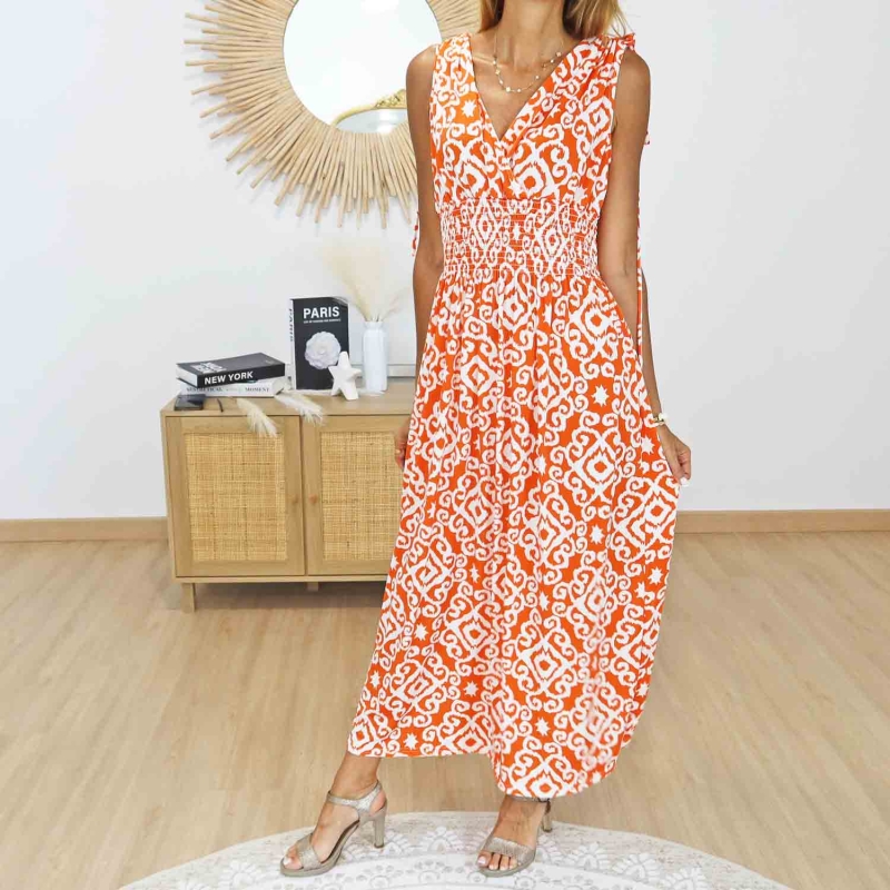 Robe magique longue orange et blanche Athéna portée de face