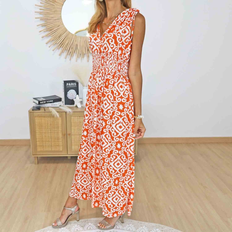 Détail de la taille smockée de la robe Athéna orange
