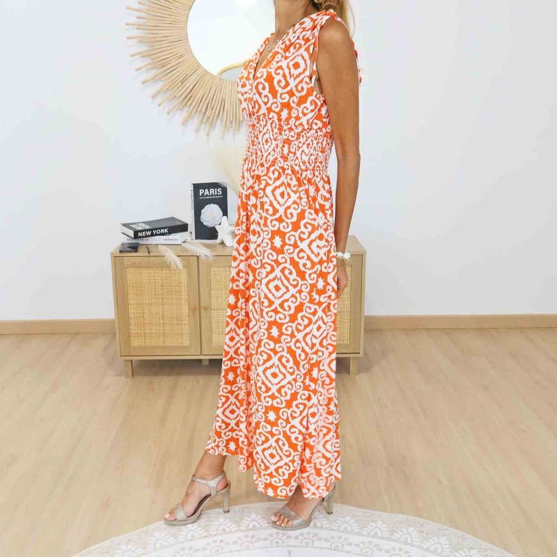 Robe longue orange Athéna vue de profil
