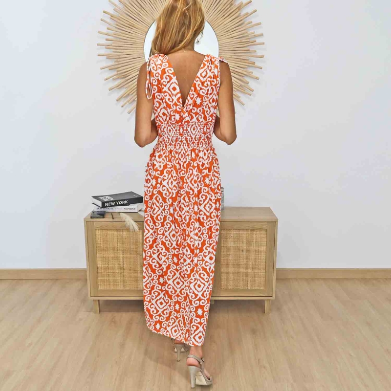 Robe longue imprimée orange et blanche pour femme