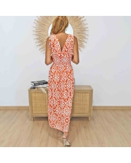 Robe longue imprimée orange et blanche pour femme