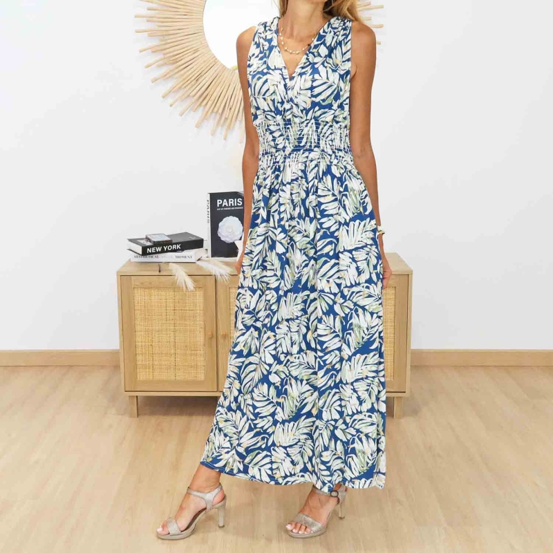 Robe longue bleu pétrole avec imprimé feuillage écru