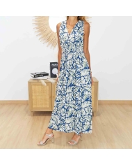 Robe longue bleu pétrole avec imprimé feuillage écru