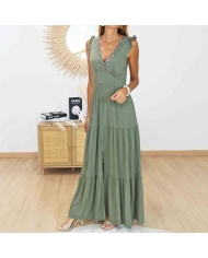 Robe longue fluide en viscose kaki pour femme