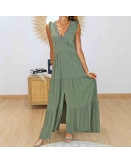 Robe longue kaki fendue Isis avec taille cintrée