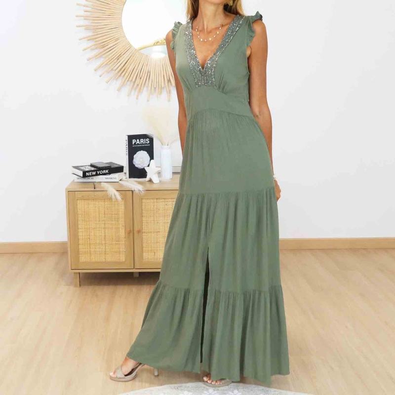 Robe longue élégante kaki disponible du S au L