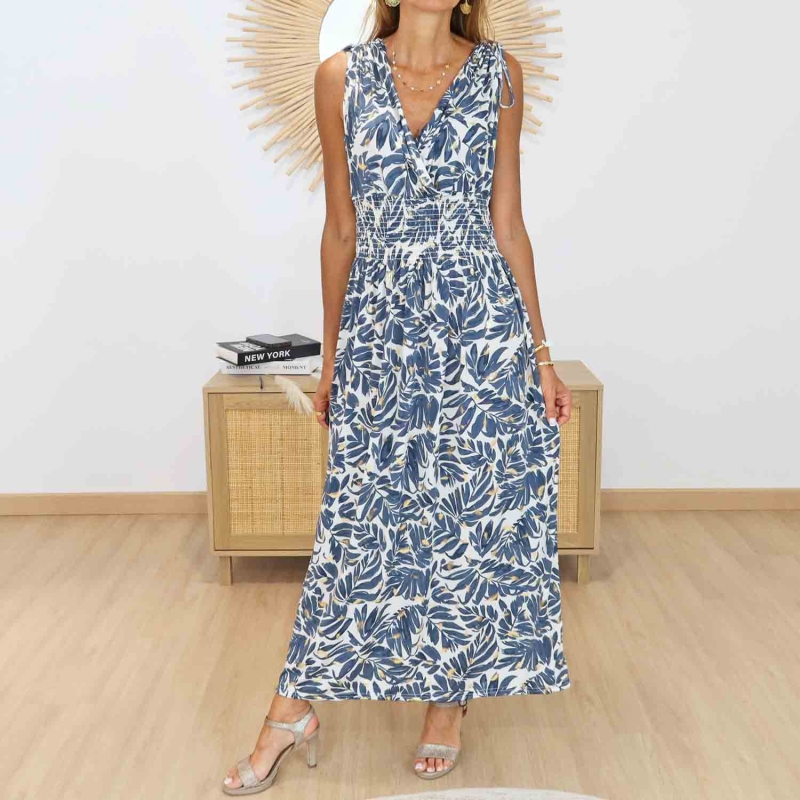 Robe Cassiopée bleu ardoise et écru portée de face