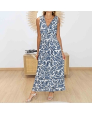 Robe Cassiopée bleu ardoise et écru portée de face