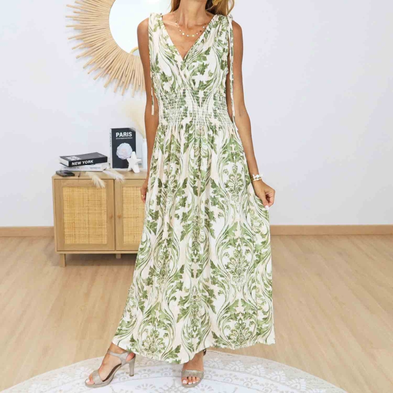Robe magique longue kaki clair Élora portée de face