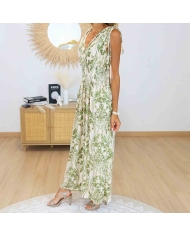 Robe longue imprimé baroque kaki clair et écru