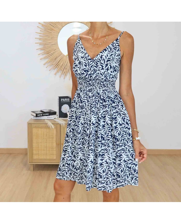 Robe courte marine et blanche Livia portée de face
