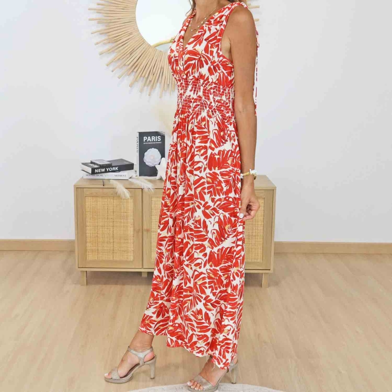 Robe longue imprimé feuillage rouge sur fond écru