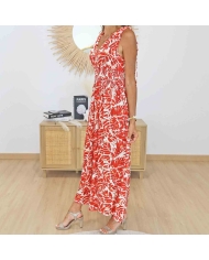 Robe longue imprimé feuillage rouge sur fond écru