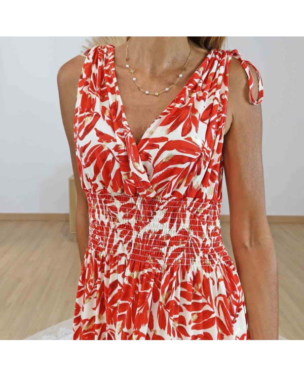 Robe Cassiopée rouge et écrue portée de face