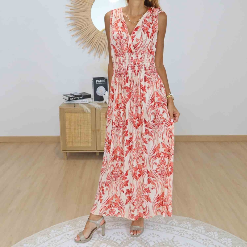 Robe longue imprimé baroque rouge sur fond écru