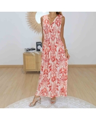 Robe longue imprimé baroque rouge sur fond écru