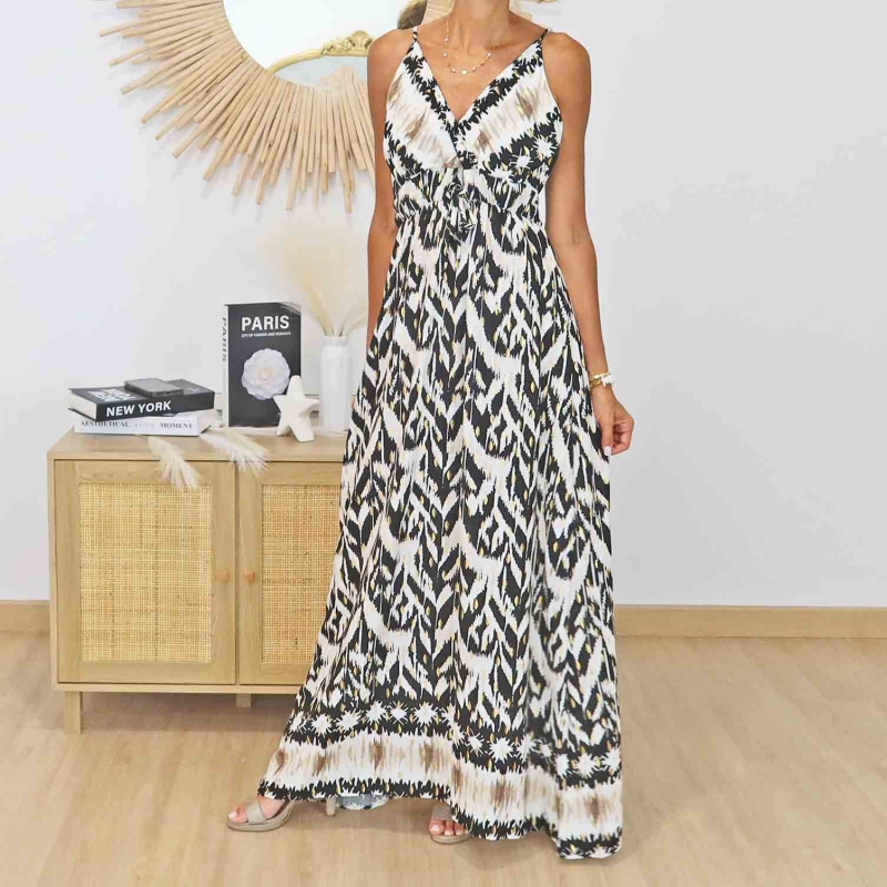 Robe longue Zahara noire écrue et dorée vue de face