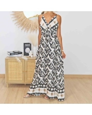 Robe longue Zahara noire écrue et dorée vue de face