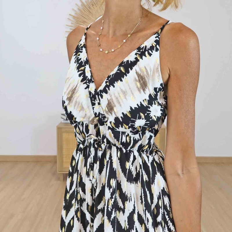 Robe longue fluide noire et écrue taille ajustable