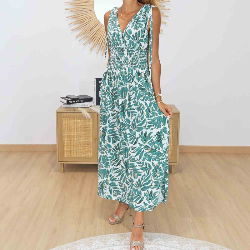 Robe magique longue Athéna verte et blanche vue de face