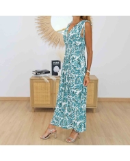 Robe longue fluide imprimé végétal vert pour femme