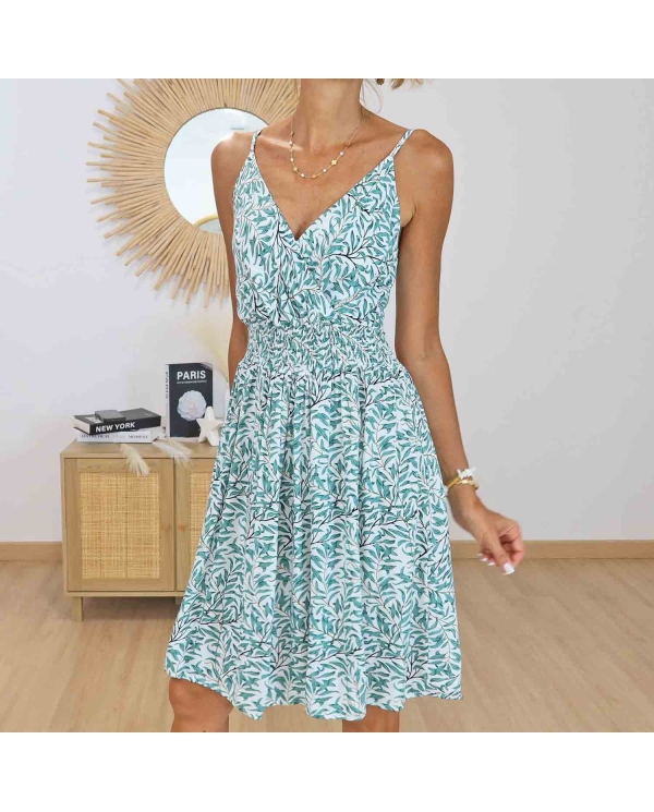 Robe courte verte Livia à imprimé feuillage vue de face