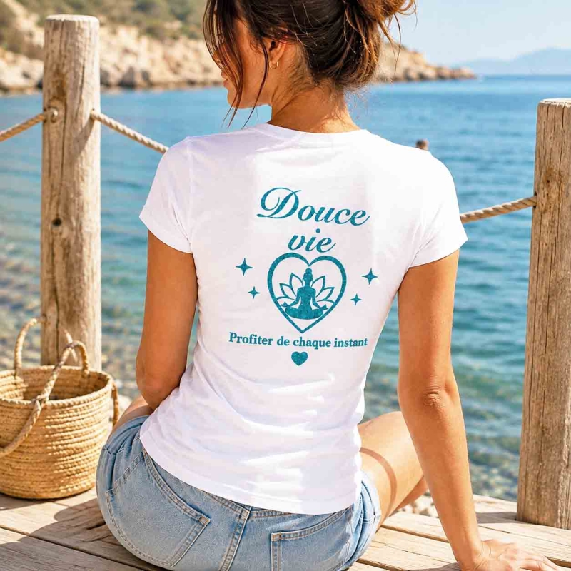 T-shirt blanc femme vue de dos impression bleu pailleté