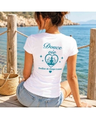 T-shirt blanc femme vue de dos impression bleu pailleté