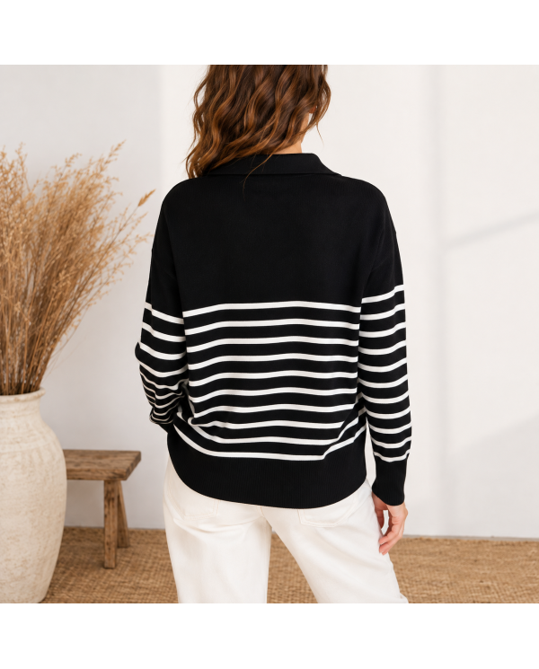 Pull polo rayé Vernon noir et blanc