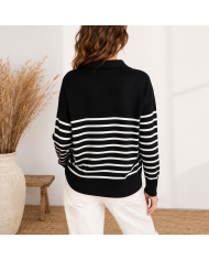 Pull polo rayé Vernon noir et blanc