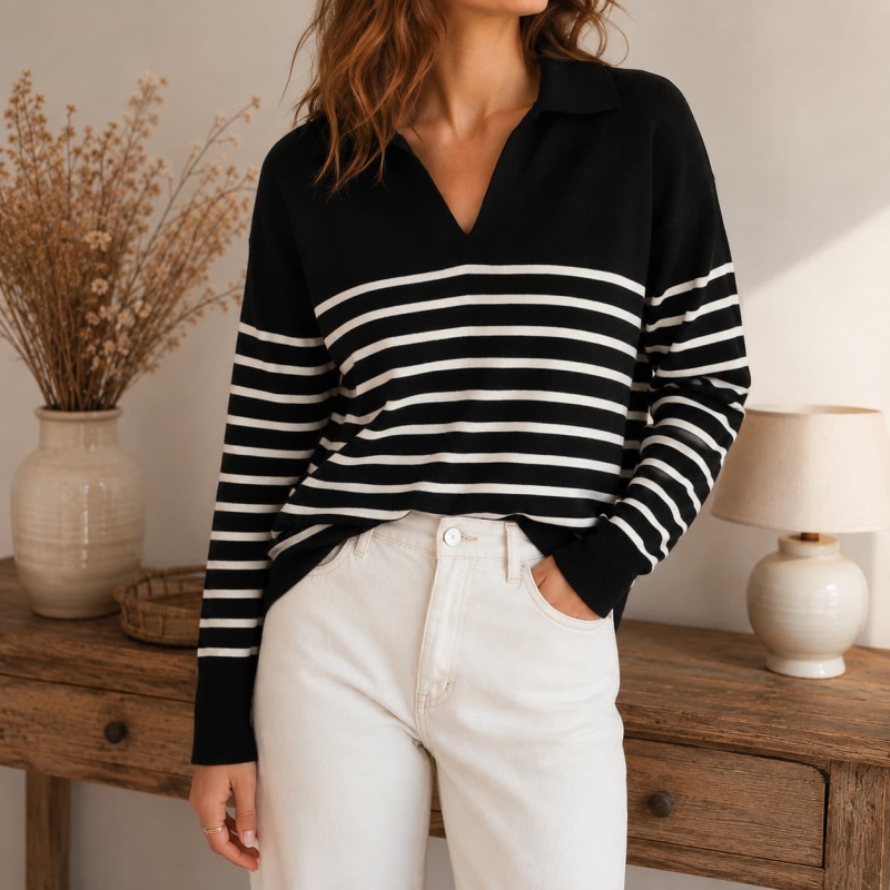 Pull polo rayé Vernon noir et blanc