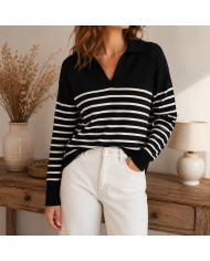 Pull polo rayé Vernon noir et blanc