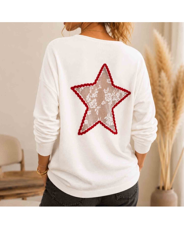 Pull femme écru col V à étoile en dentelle dans le dos