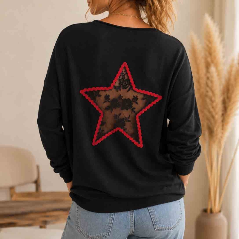 Pull femme noir col V à étoile en dentelle dans le dos