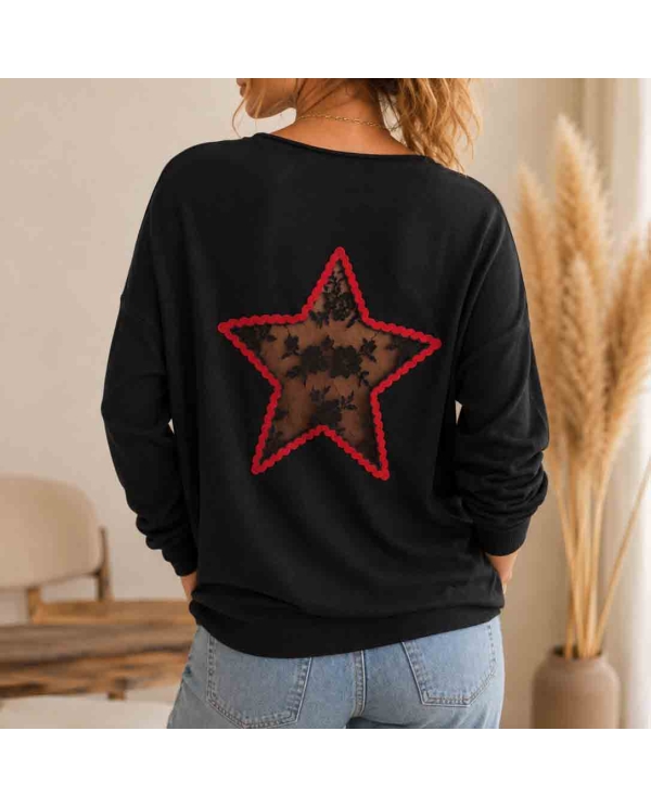 Pull femme noir col V à étoile en dentelle dans le dos