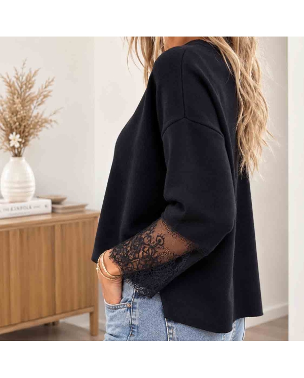 Pull Stella noir femme vue de profil avec manches en dentelle
