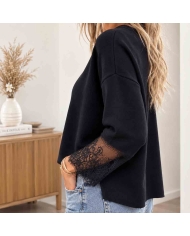 Pull Stella noir femme vue de profil avec manches en dentelle