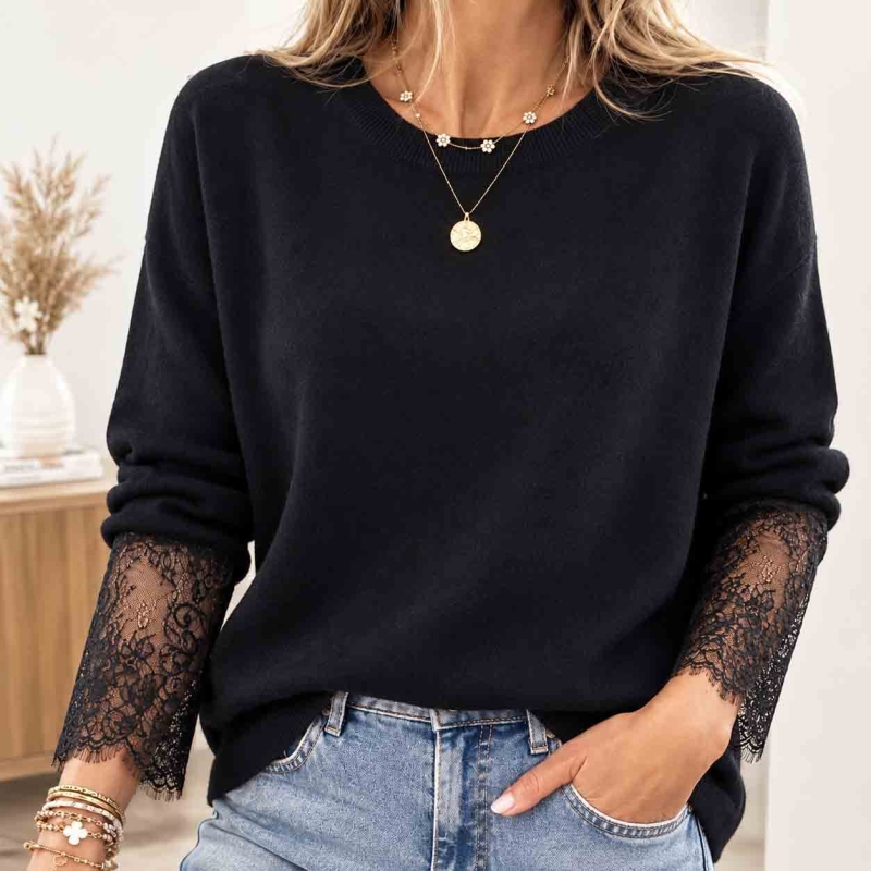 Pull noir femme Stella coupe droite avec manches en dentelle noire