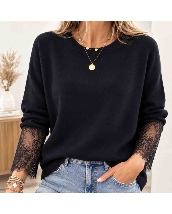 Pull noir femme Stella coupe droite avec manches en dentelle noire