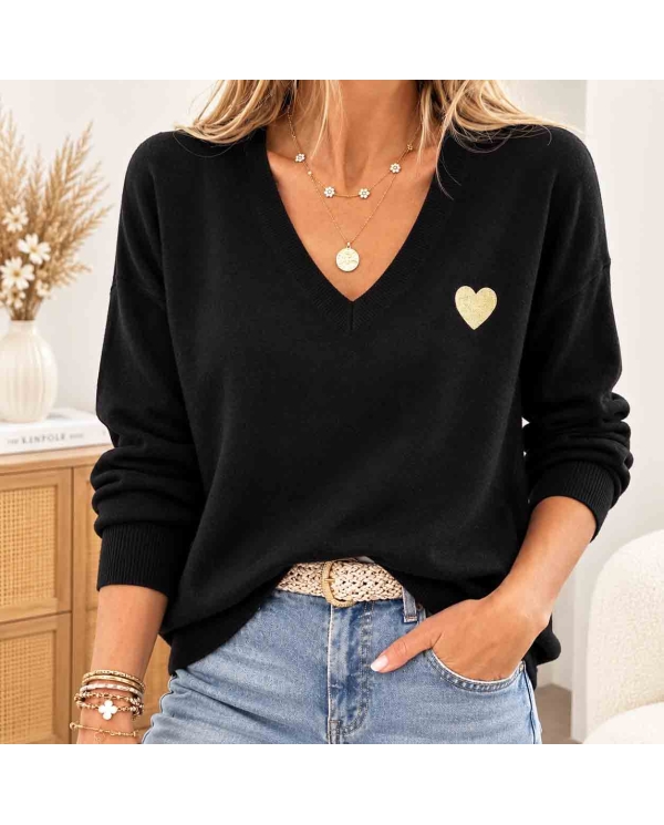 Pull noir femme Louane col V avec petit cœur doré