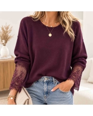 Pull prune femme Stella coupe droite avec manches en dentelle