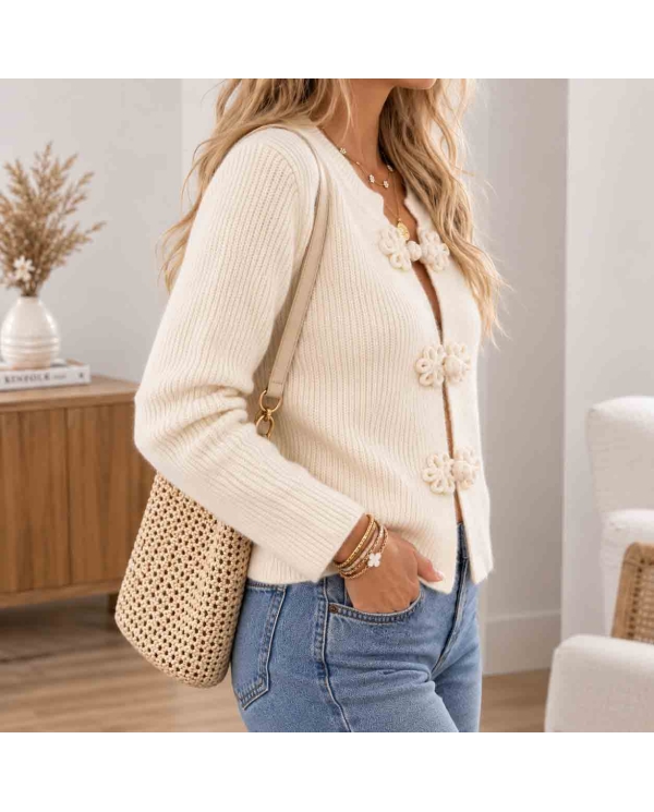 Gilet Garance beige clair femme vue de profil en maille côtelée