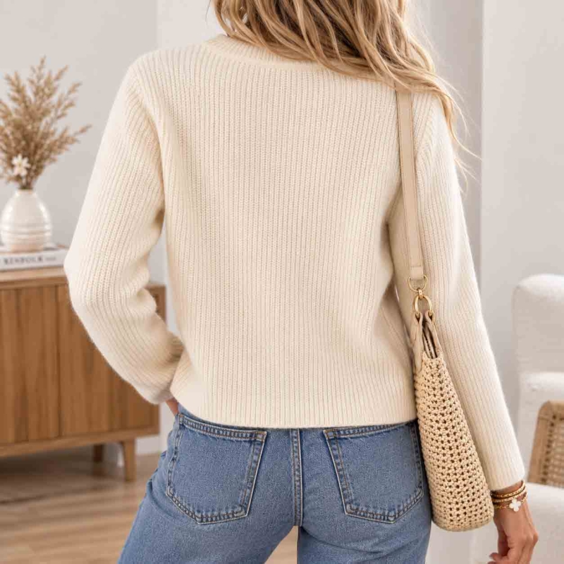 Gilet beige clair Garance femme vue de dos en maille côtelée