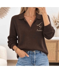 Pull polo chocolat femme Audace avec motif visage doré pailleté