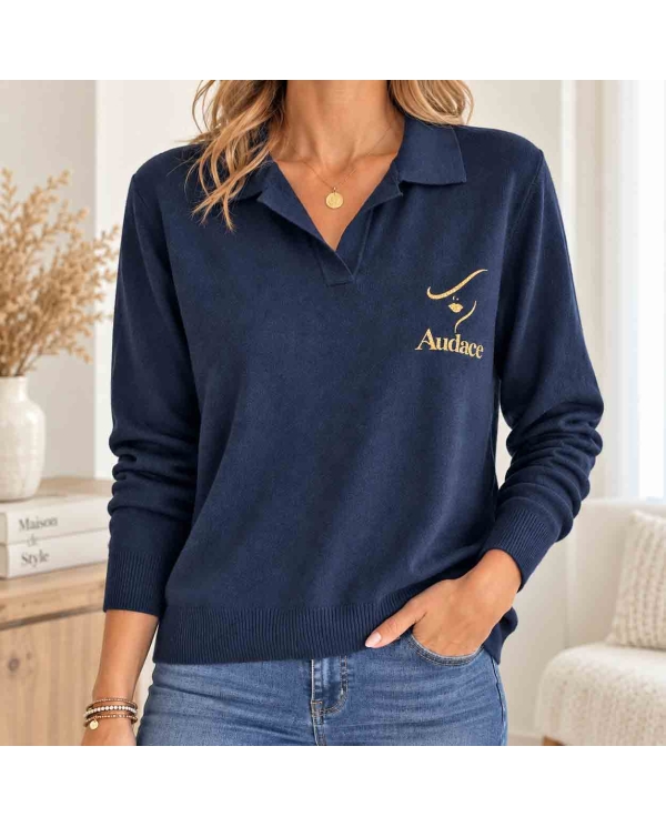 Pull polo bleu marine femme Audace motif doré pailleté