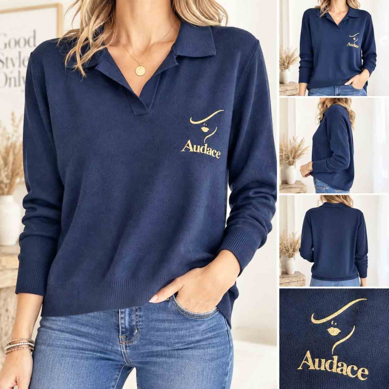 Pull polo bleu marine femme Audace doré pailleté