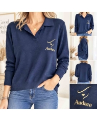 Pull polo bleu marine femme Audace doré pailleté