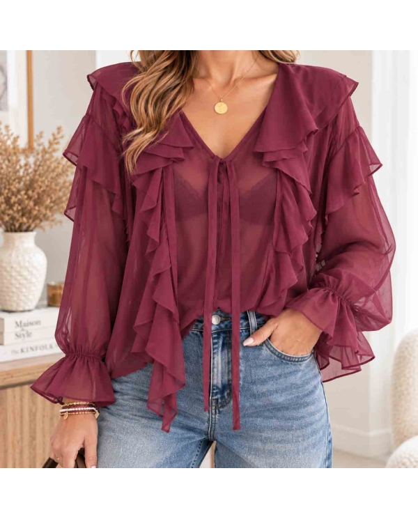 Blouse bordeaux femme Lolita en voile semi-transparent à volants