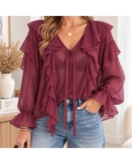 Blouse bordeaux femme Lolita en voile semi-transparent à volants