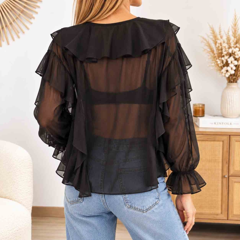 Blouse noire femme Lolita fluide à volants vue de dos